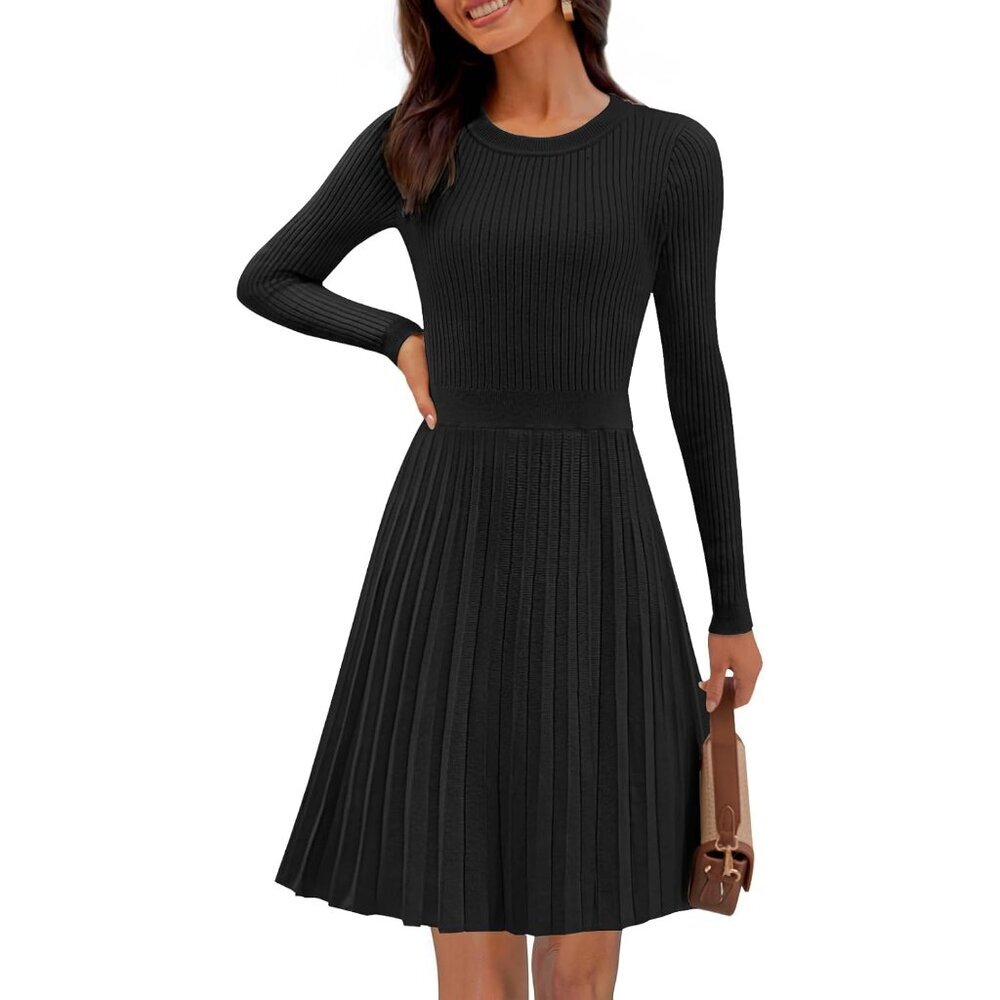 Stylish Women's Long Sleeve Ribbed Pleated Mini Dress - Perfect for Any Occasion